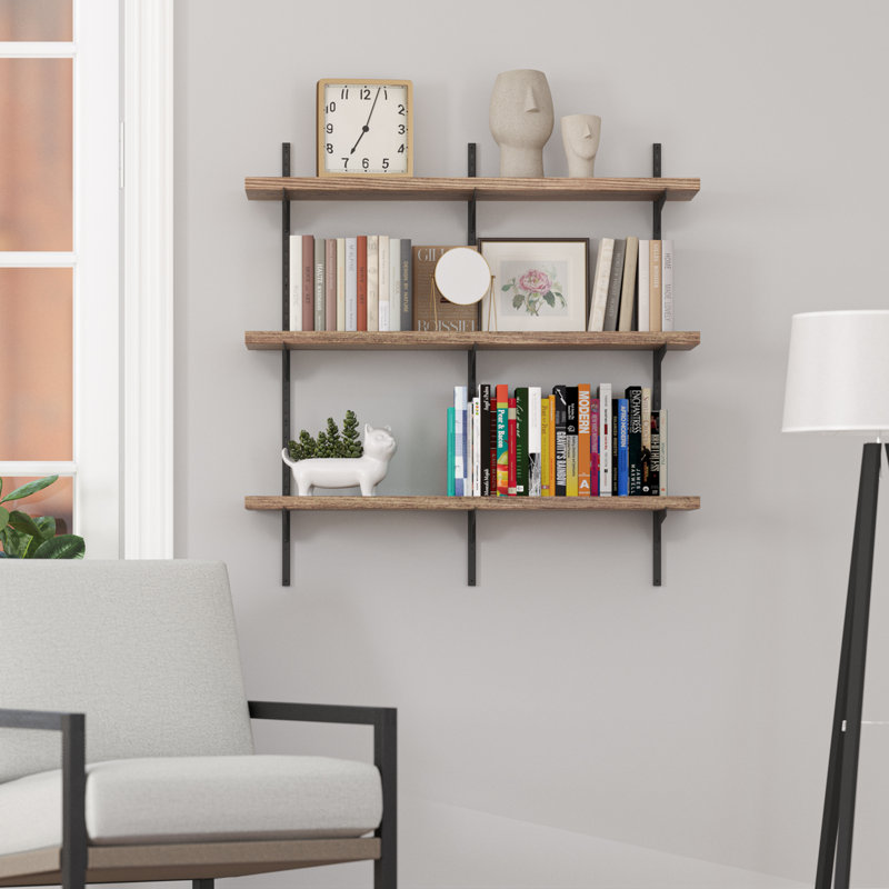 36" Long Floating Bookshelves With Adjustable Bracket, Living Room Shelves, Hanging Shelves For Wall, Real Wood Shelves, Farmhouse & Rustic Decor, 3 Tier, Burnt Board&Black Bracket