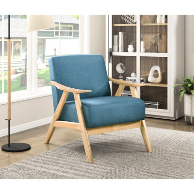 Solid Rubberwood Chair With Blue Textured Fabric And Attached Cushions Comfortable Living Area Upholstery Base