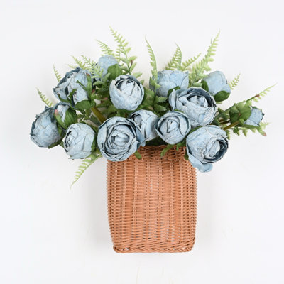 Artificial Spring Summer Peony Floral Arrangement With Basket For Front Door Wall Decor, Farmhouse Blossoms Cluster Greenery Fern Foliage Faux Flower For Dining Table Centerpieces, Home Office Wedding Party Decor
