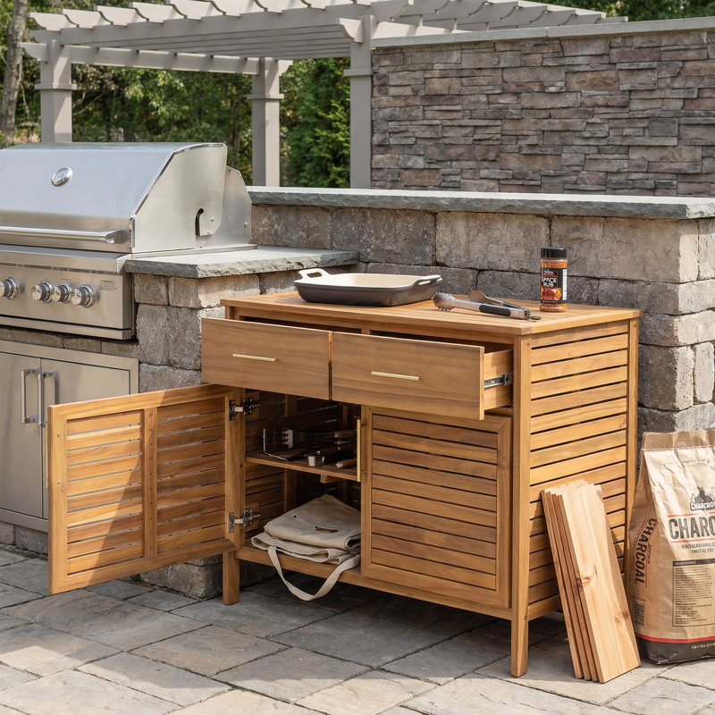 Hillcrest Modern Farmhouse Acacia Wood Outdoor Patio Cabinet with Ventilated Slat Doors