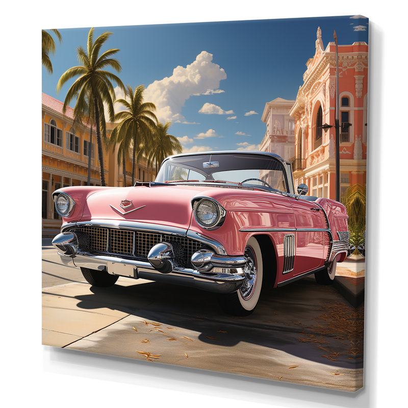 Voiture rétro classique rétro sur toile rose, Toile tendue, H 24 po x l 24 po