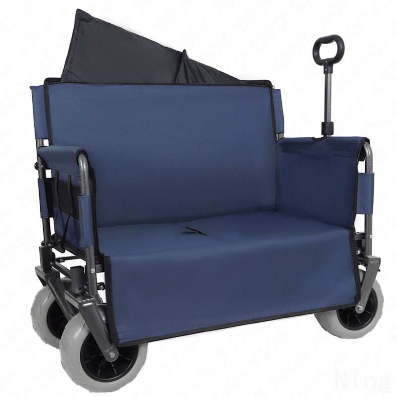 Chariot pliant 3 en 1 avec siège de banc - capacité de 500 lb, pneus de plage 9 po x 4 po pour le camping et la plage, bleu foncé