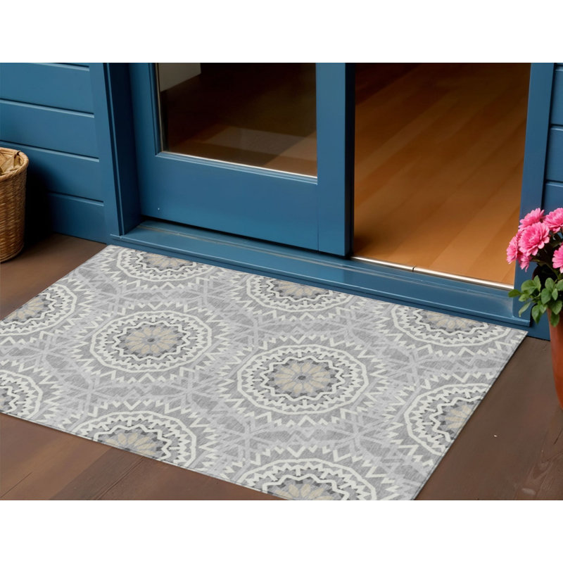 Tapis extérieur lavable à médaillon floral gris argenté 3 pi x 5 pi