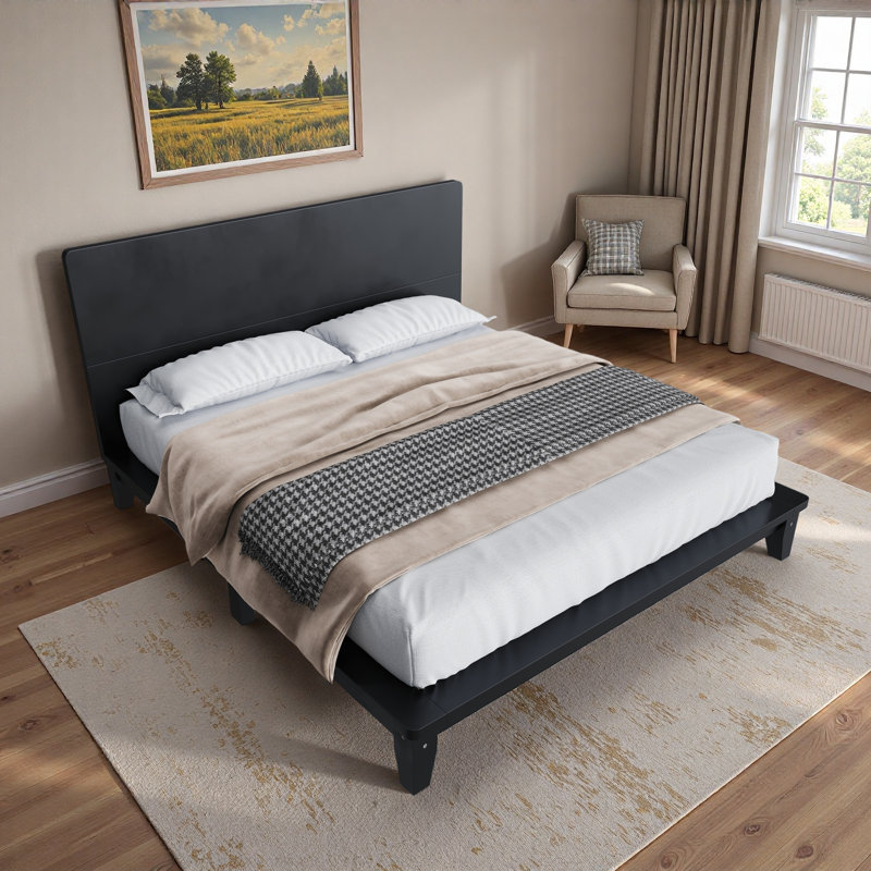 Lit plateforme avec support en lattes de bois et pieds robustes, Noir, Lit double