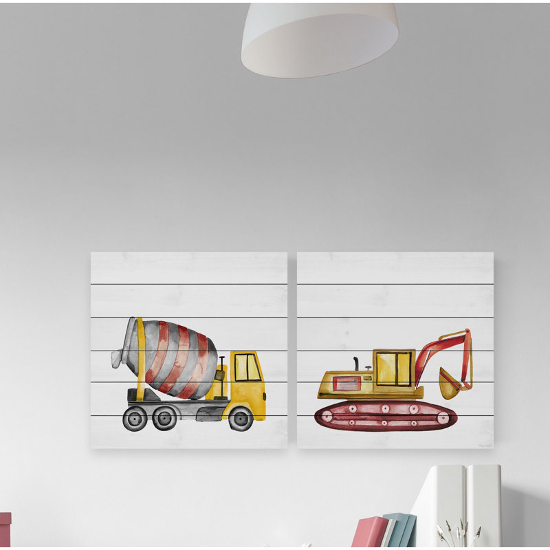 «Mixer Truck and Excavator Diptych», impression sur bois blanc 2 pièces, H 18 po x l 18 po x P 1,5 po