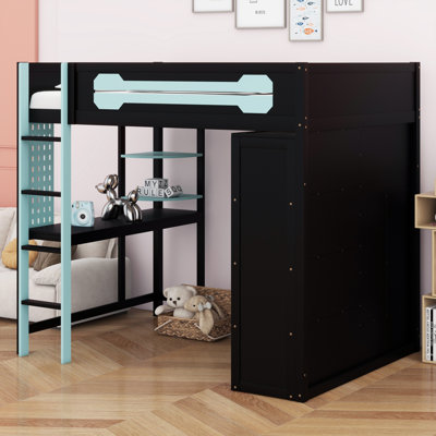 Compact Wood Loft Bed with Desk, Open Wardrobe and RGB Light