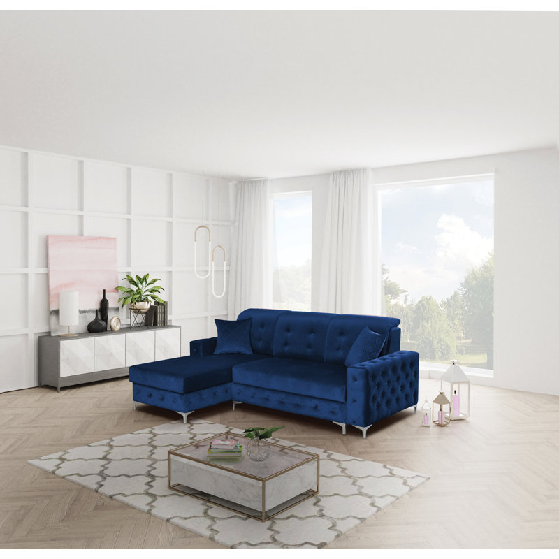 Bowdon Velvet L-Shaped Sectional, Blue, Left Hand Facing