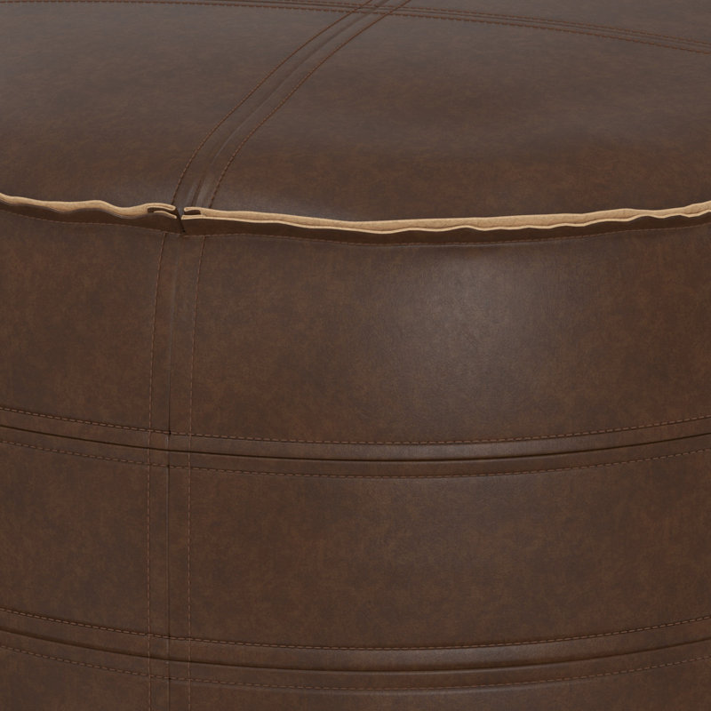 Brody 20"W Upholstered Vegan Leather Boho Round Pouf with Polystyrene Filling, Distressed Dark Brown
