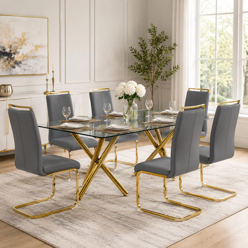 Modern Glam 7-Piece Tempered Glass Dining Set with Faux Leather Chairs, 7 Pieces: Table, 6 Chairs, Gray