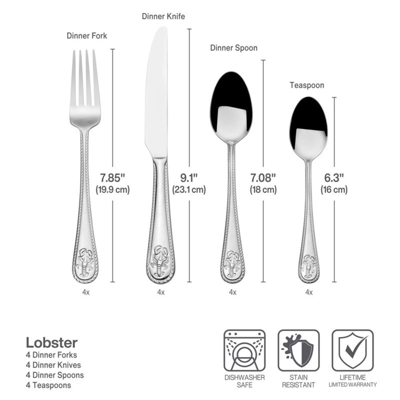 Ensemble de couverts 16 pièces Towle Everyday Lobster, acier inoxydable, service pour 4