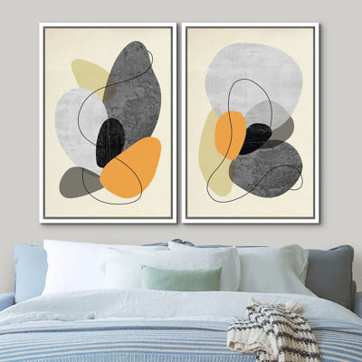 Noir, gris et jaune, peinture, collage, formes abstraites, chic, moderne, nordique, coloré, 2 pièces