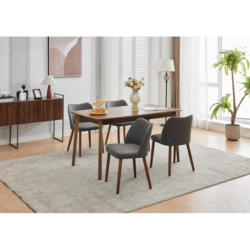 Upholstered Dining Chair with Wood Legs, Wing Backrest, Wooden Kitchen Chair with Thick Cushions, Gray