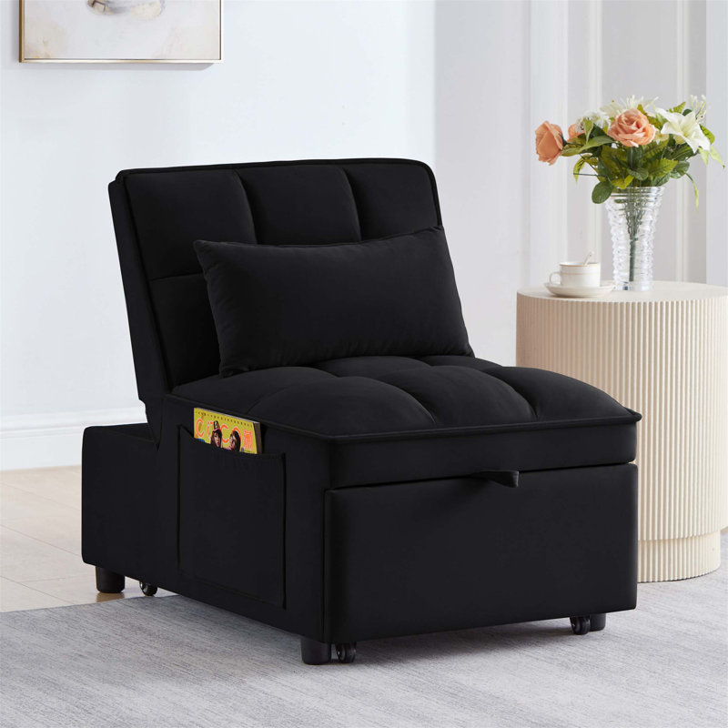 Tufted Single Pull-Out Sofa Bed with Adjustable Backrest And Pillows, Convertible Chaise Lounge, Black Velvet