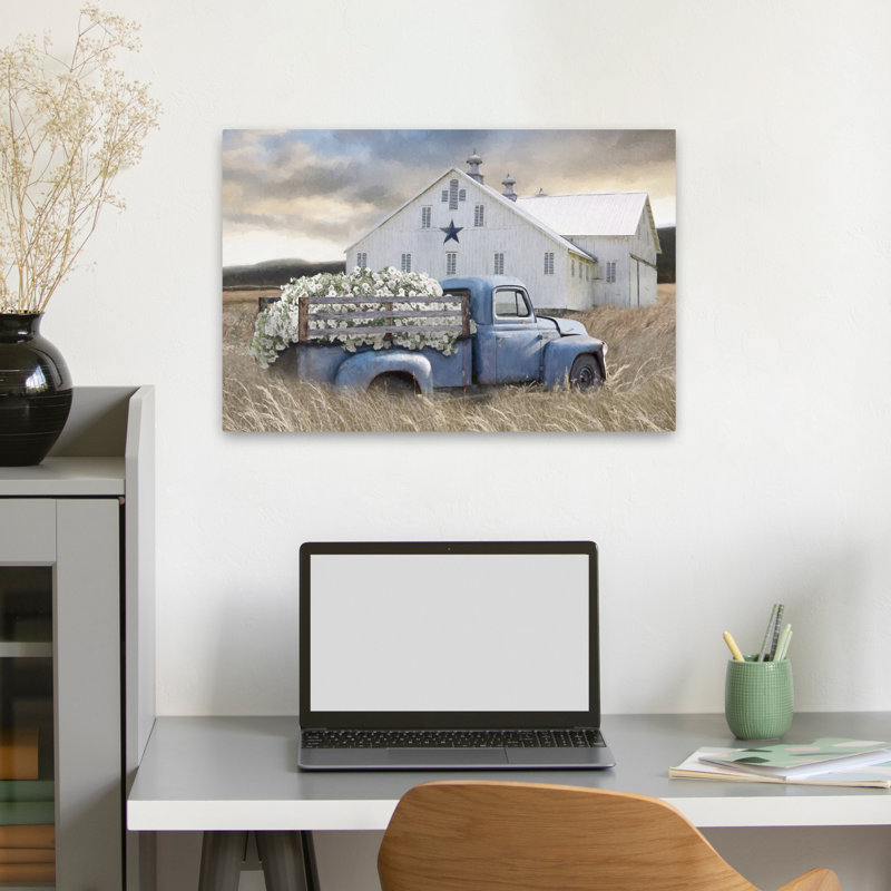 The Old Star Barn - Modern Farmhouse Vintage, camion rétro bleu, fleurs blanches, art rustique, H 16 po x l 24 po