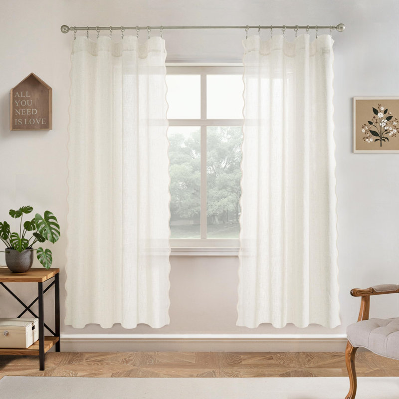 Rideaux semi-transparents en lin à bordure festonnée pour fenêtre de chambre à coucher avec passe-tringle, Lin / taupe
