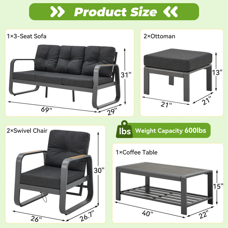 5 - Person Patio Conversation Set with Cushions, Black