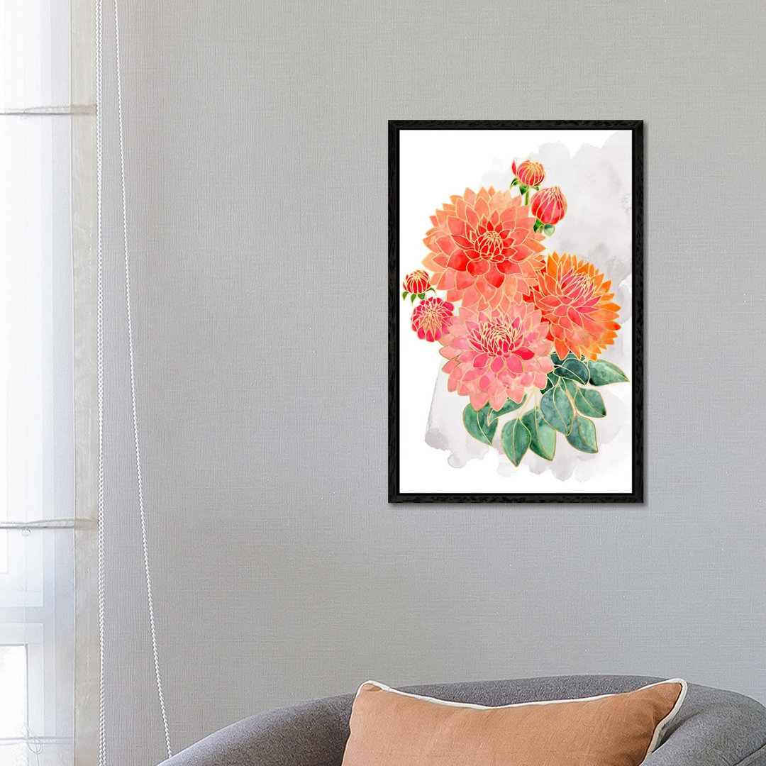 Pacey Dahlien Bouquet In Coral Watercolor von Blursbyai - Galerie-verpackt Leinwand Giclée auf Leinwand