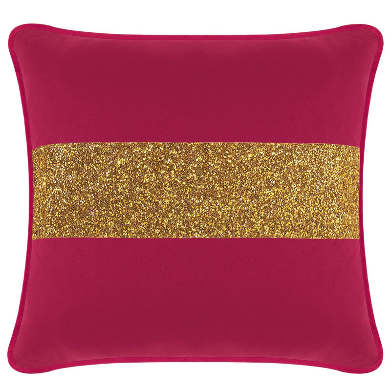 Coussin lumineux avec rayures strass - velours, Carré 20 po, Velours fuchsia / doré