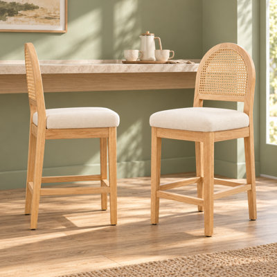 Upholstered Wood Bar Stools with Arched Woven Backs and Footrests
