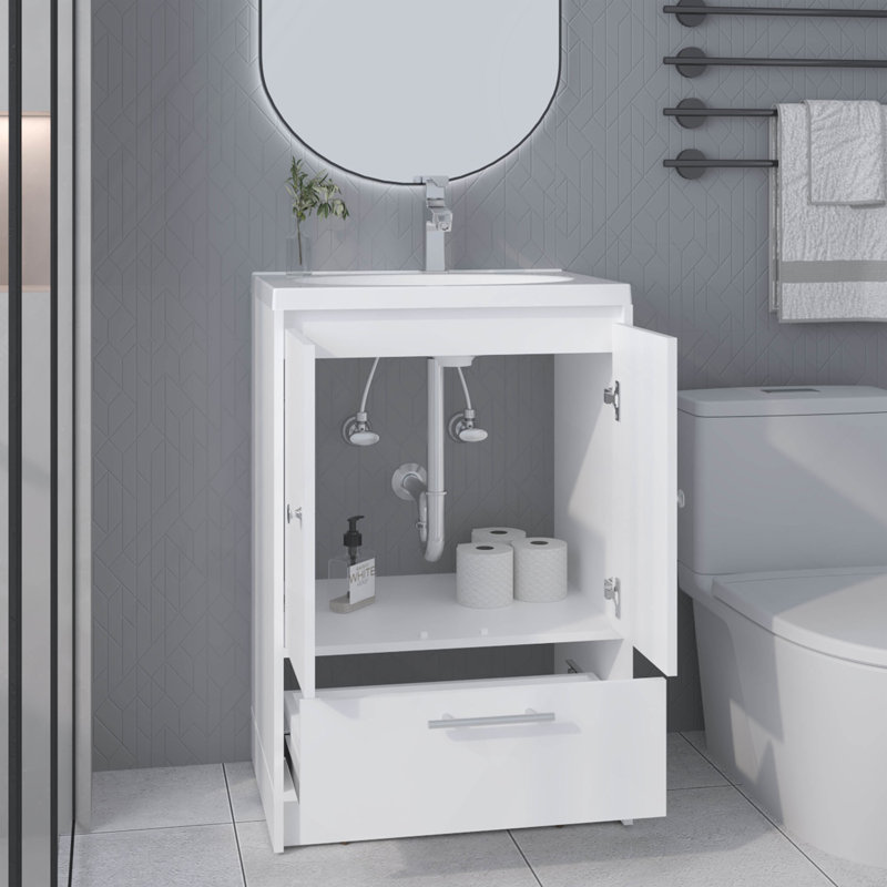 Bathroom Vanity With Sink, 2 Doors, 1 Drawer, White, White