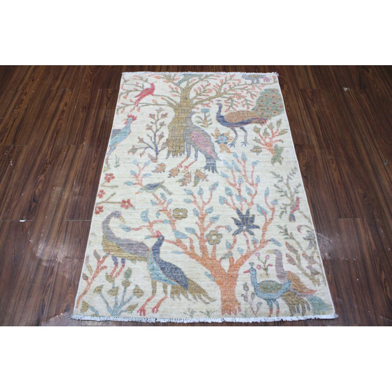 Birds Collection, Contemporary, Transitional One-of-a-Kind Rectangle 3'2" X 4'10" Hand Knotted Area Rug