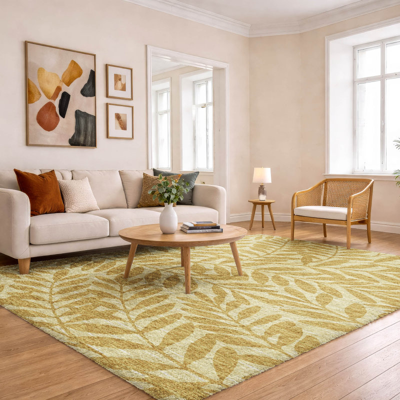 Tapis à feuilles tropicales de qualité supérieure lavable à la machine de qualité supérieure ADS111, Doré, 8 pi x 10 pi