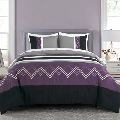 7-Piece Modern Pleated Stripe Embroidered Comforter Set with Sheets