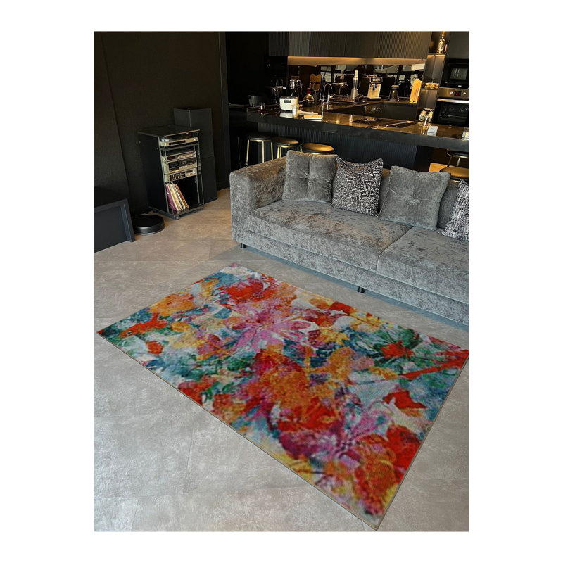 Tapis lavable en machine à motif floral multicolore pastel, Sous-tapis rectangulaire de 3 pi 3 po x 4 pi 11 po