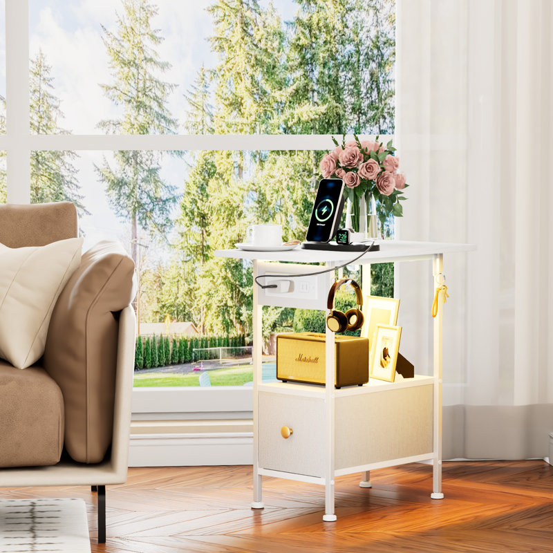 Narrow Bedside Table, Narrow Nightstand with Charging Station&LED, Bedside Table End Table White