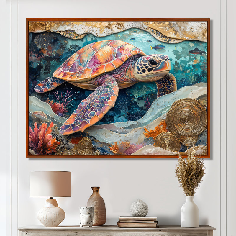 Corra Aquarium Turtle Coral Sanctuary V - tortue, art mural grand, H 24 po x l 32 po, Cadre flottant, Brun