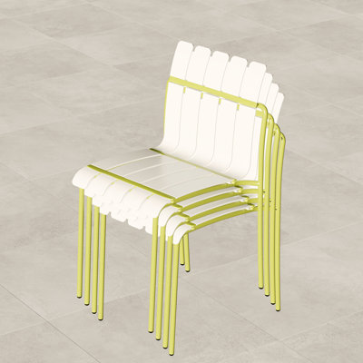 Paquet de 4 chaises à rayures colorées modernes avec siège en métal et siège imperméable pour terrasse intérieure / extérieure, blanc crème et jaune grain