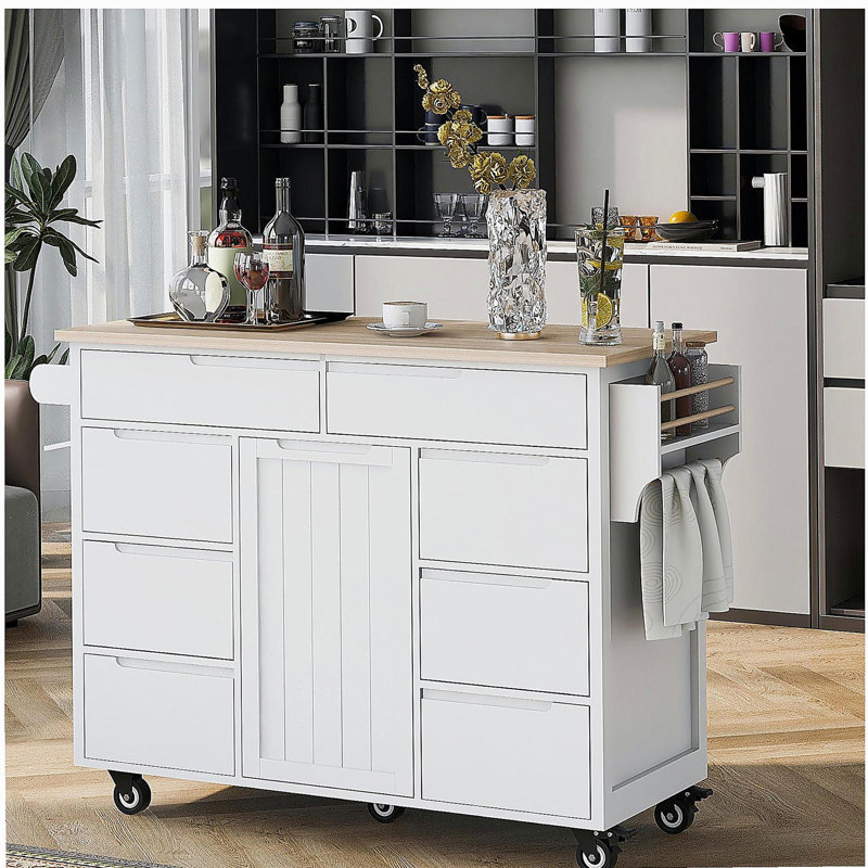 Espace de rangement pour chariot de cuisine avec plateau en bois d'hévéa, 8 tiroirs amovibles, y compris un range-couverts et 5 roulettes, convient pour la cuisine et la salle à manger, bleu foncé