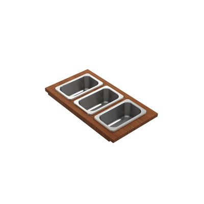 Planche de bois avec 3 bols rectangulaires en acier inoxydable F / 1616, 1618, 1633 (rebord intérieur)
