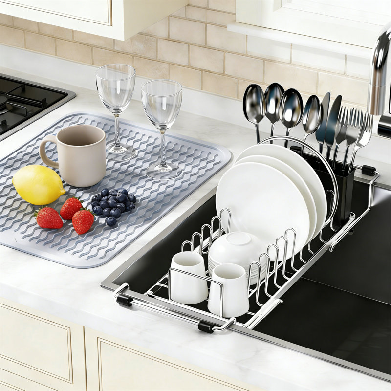 Expandable Small In-Sink Stainless Steel Dish Drying Rack for RV Camper with Utensil Holder