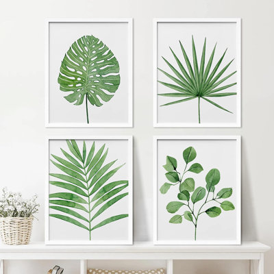 «IDAE4WALL», art mural encadré de feuilles de ventilateur vert tropical encadré, ensemble de 4 impressions murales nature sauvage, décoration murale botanique floral pour le salon, impression encadrée de chambre à coucher 4 pièces