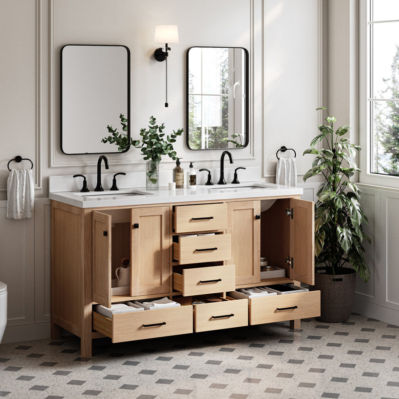  Ensemble de meuble-lavabo double 61 ", Chêne / noir mat, Rectangular