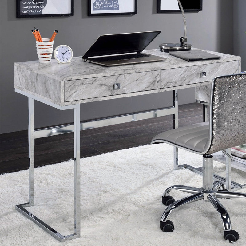Bureau d'écriture rectangulaire avec 2 tiroirs, plateau en pierre d'ingénierie blanche et chrome