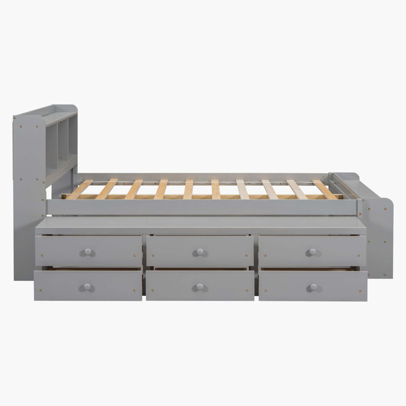 Lit en bois gris Waterloo avec tête de lit bibliothèque, tiroirs de rangement sous le lit et armoire de rangement, Gris