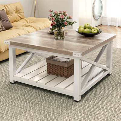  80cm W Square Coffee Table with Storage Shelf, Grey Wash