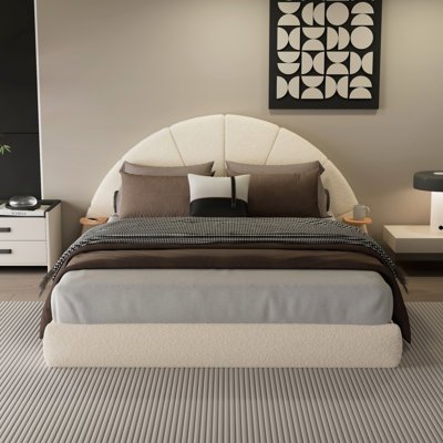 Unique Arched Boucle Bed with Small Table, Combining Modern Aesthetic and Functional Design for Comfortable Living