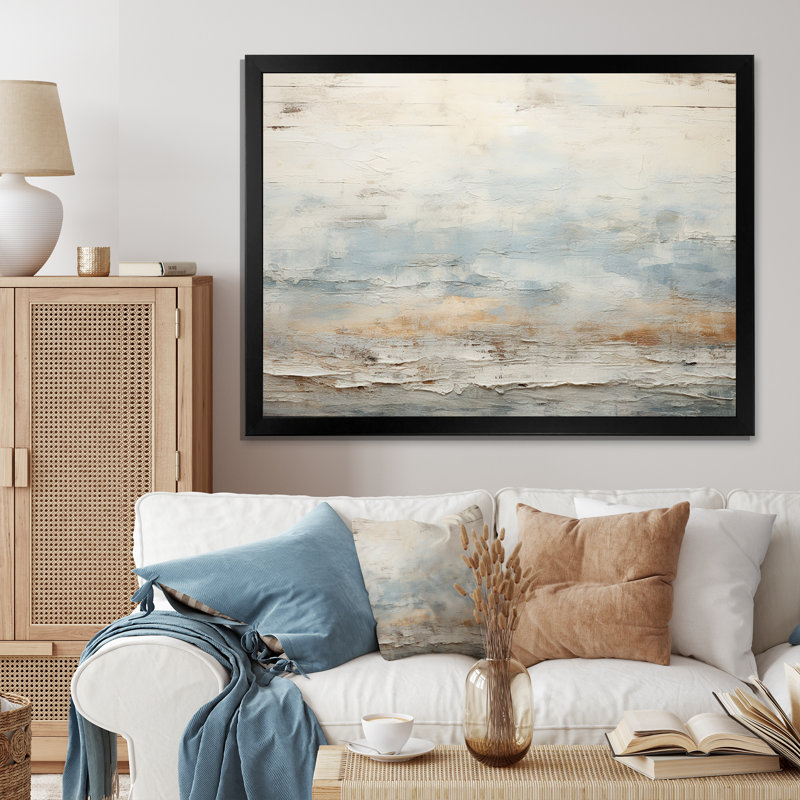 «Beige Blue Ocean Storm», reproduction d'art sur toile, formes abstraites, Cadre simple noir, H 12 po x l 20 po x P 1 po