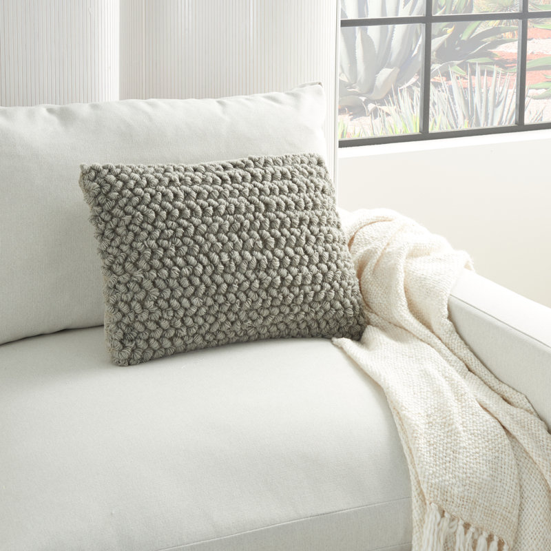 Keeley Curly Loops Light Gray Wool Cotton Blend Throw Pillow, Gray, 14" x 20"