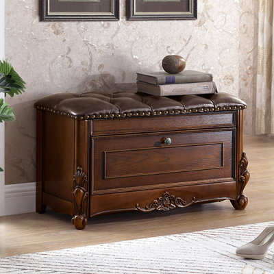 Retro Style Wood Upholstered Entryway Leather Storage Shoe Bench