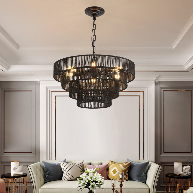 Lustre suspendu 20 po en corde de chanvre noir 20 po avec 6 douilles E12, plafonnier bohème fait à la main, Six lumières