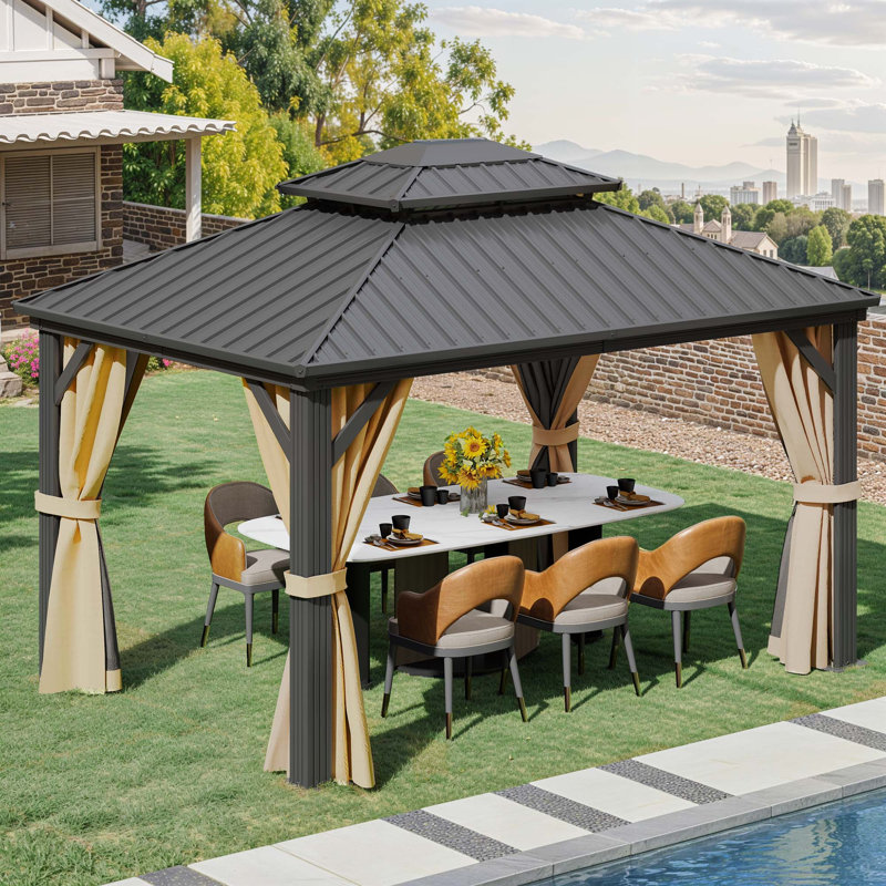 Balconera  Double-Roofed Aluminum Patio Gazebo With Curtain And Mosquito Netting, 9.6ft H x 12ft W x 10ft D