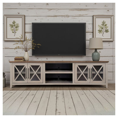 Meuble télé en bois pour téléviseur de 100 po ou moins avec portes en verre Ithaca de 96 po - Beige / Taupe