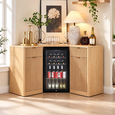 50" L-Shaped Home Bar Cabinet with Mini Fridge Space, Liquor Bar Unit with Charging Station, Wine Storage and Adjustable Shelves for Kitchen, Dining Room & Living Room