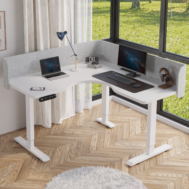 55" L-shaped Height-adjustable Standing Desk, White
