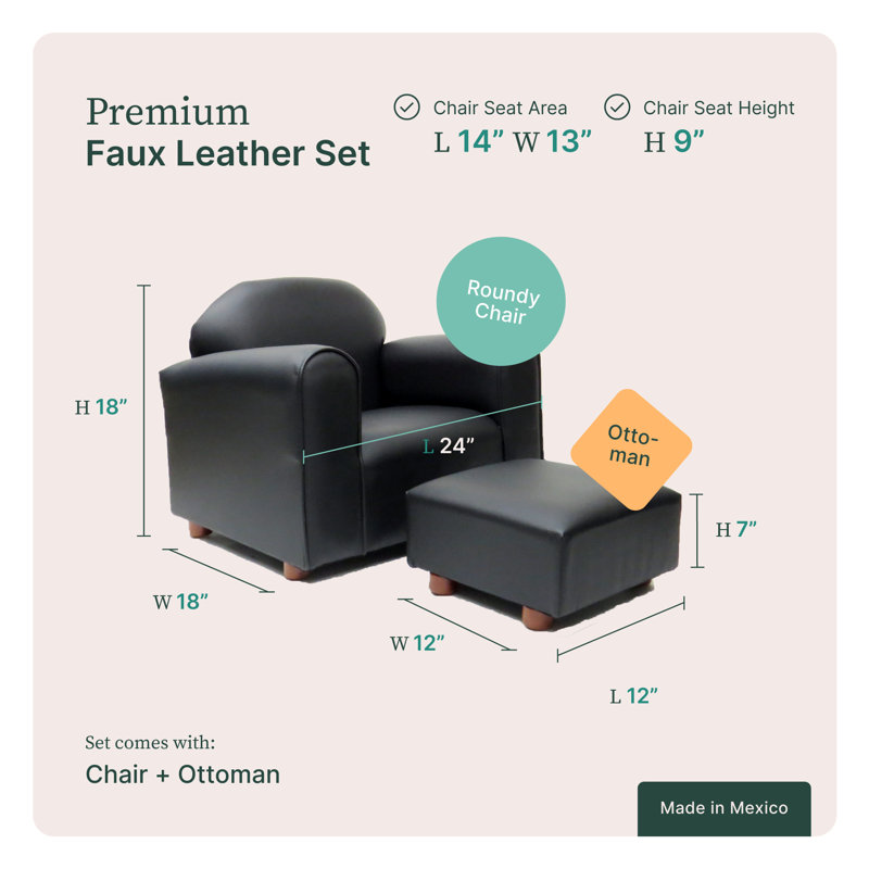Kids 9'' Club Chair Chair and Ottoman, Black