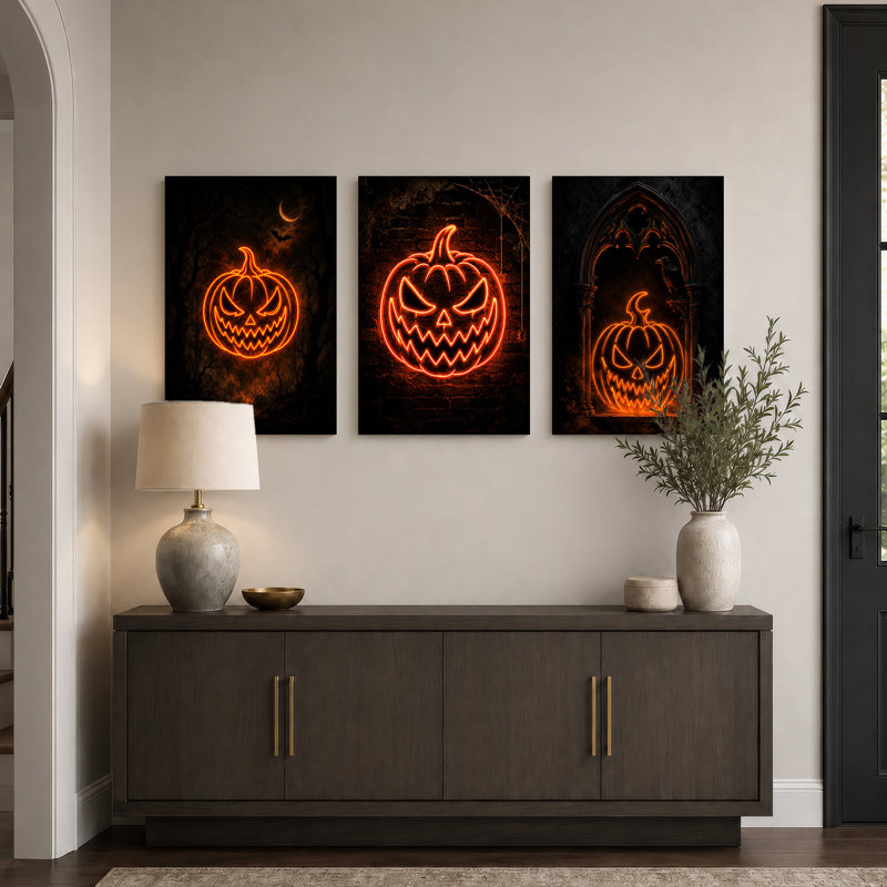 Ensemble de 3 toiles d'Halloween avec lanternes en bois, 36"H x 24"W x 3pcs